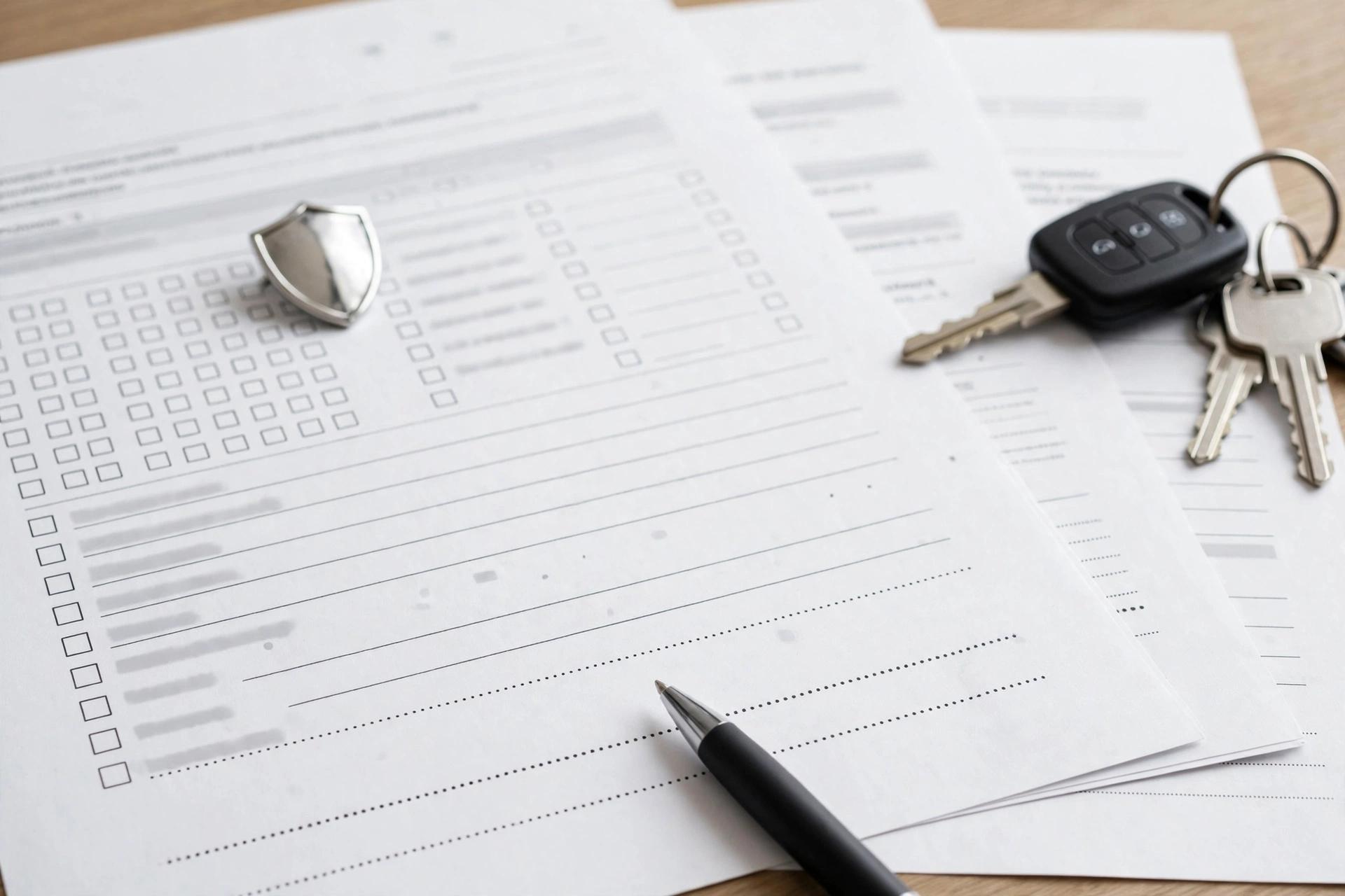 Car insurance policy documents with car keys on a desk